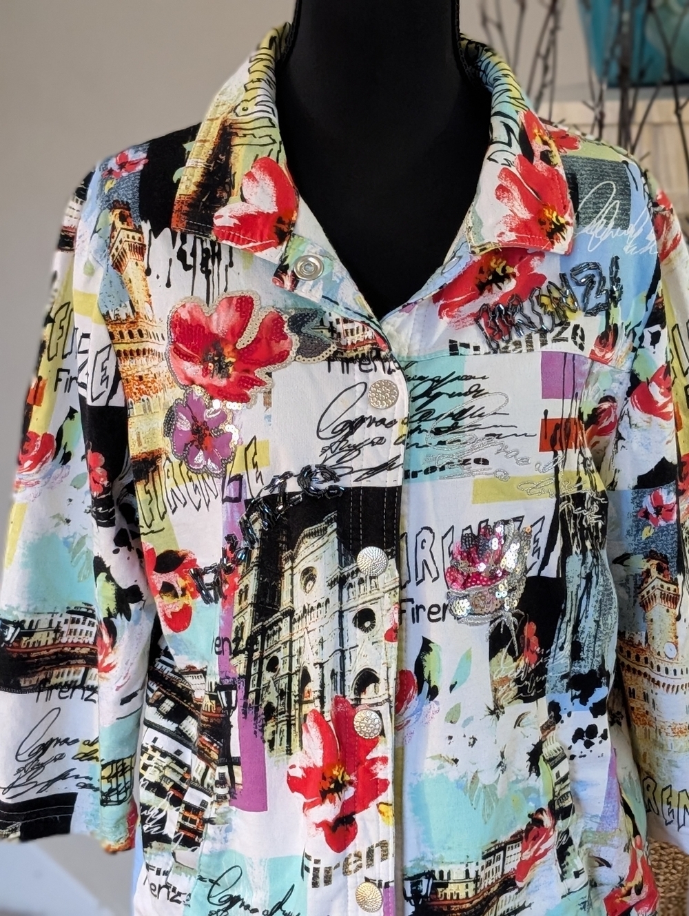 Onque Casuals Artistic Print Jacket Women’s Size L Multicolor Floral Paris (G2)